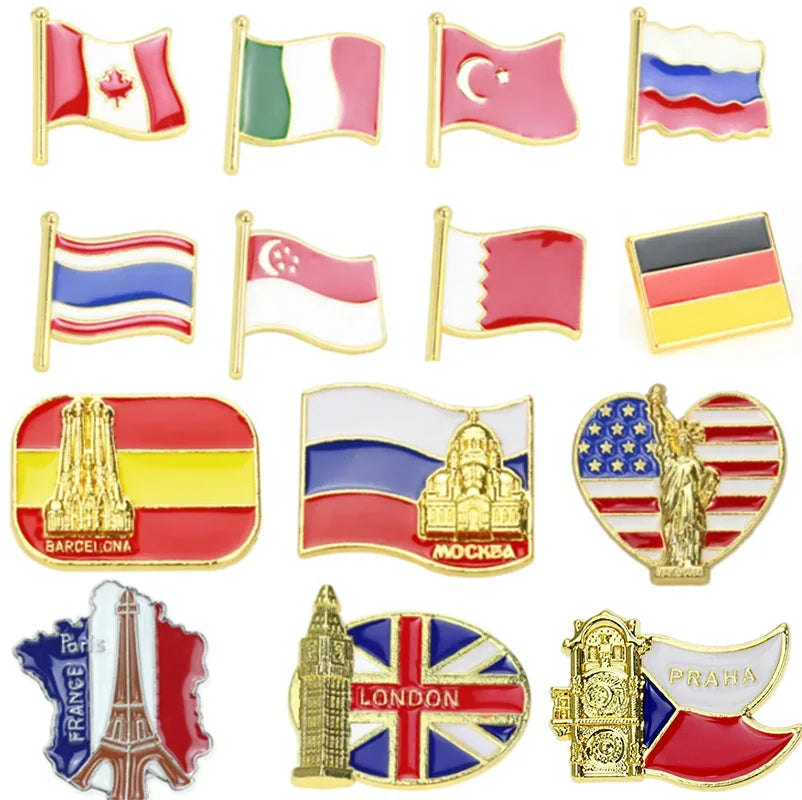 National Flags Enamel Pins Brooch Set – France, Spain, USA, UK, Italy, Canada, Dubai & More Gifts