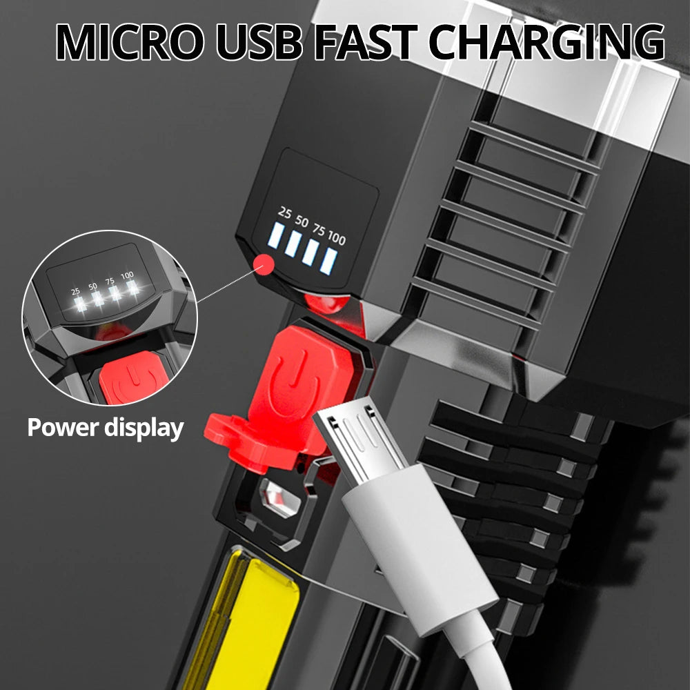 SHUSTAR High Power USB Rechargeable LED Flashlight 7 LED Torch with COB Side Light for Camping