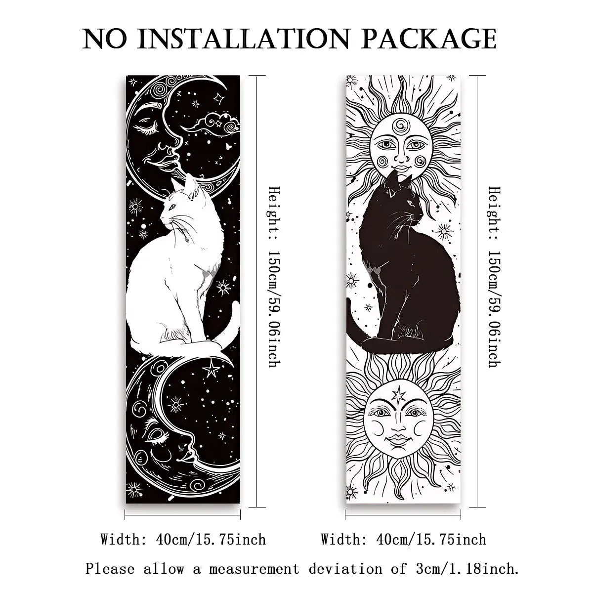 WHIMSY CAT Black & White Cat Vertical Tapestry Sun Moon Long Wall Hanging Starry Sky Decor