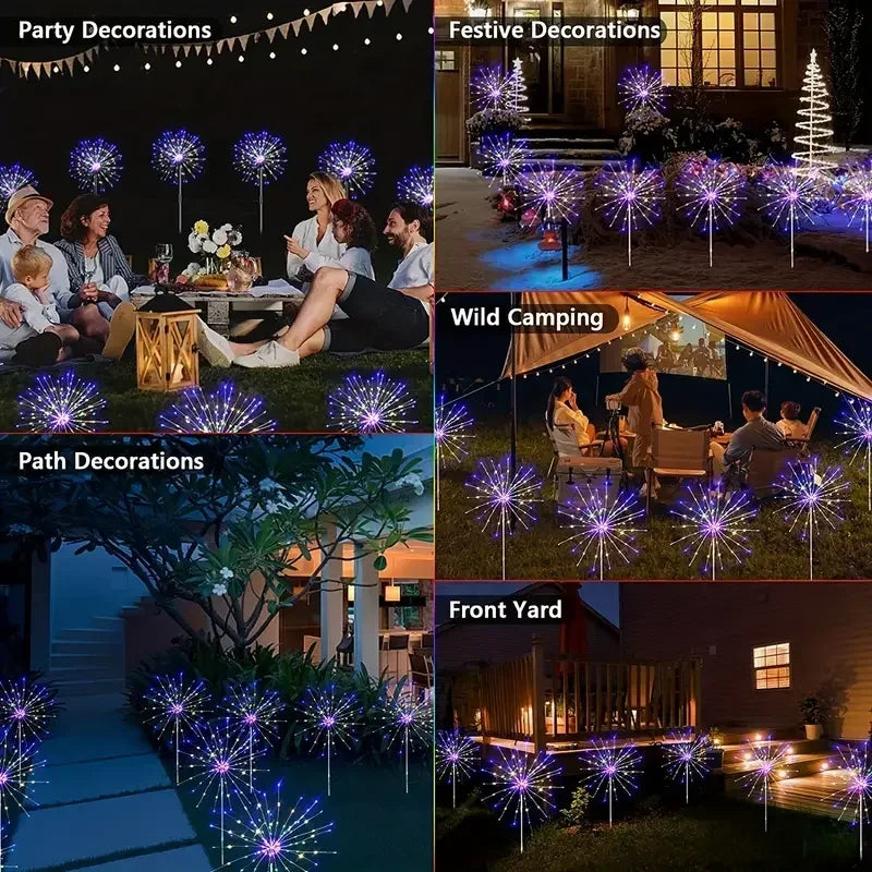 NEW 60LEDs Solar Fireworks Lights Outdoor Waterproof Garden Lamps 8 Modes with Remote Control
