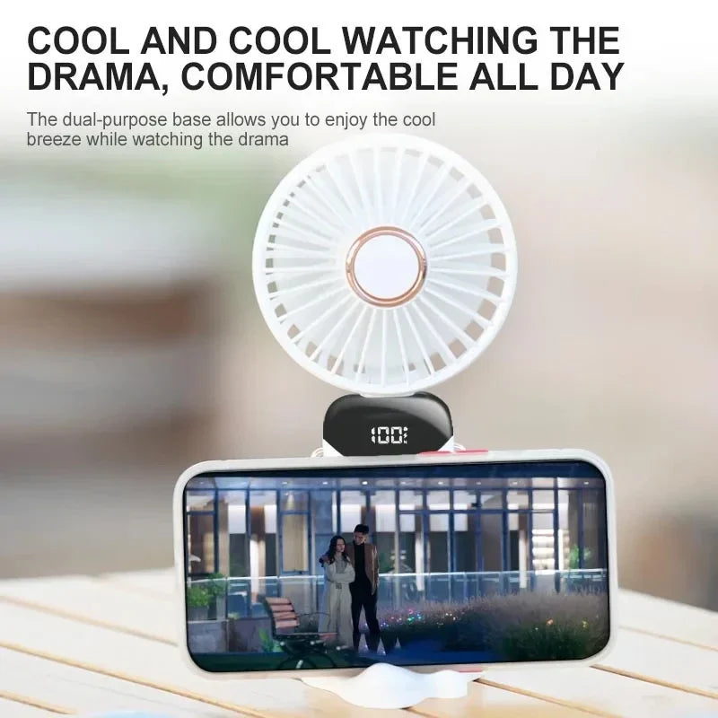 Handheld Mini Fan Foldable Portable Neck Hanging USB Rechargeable 5 Speed Fan with Stand