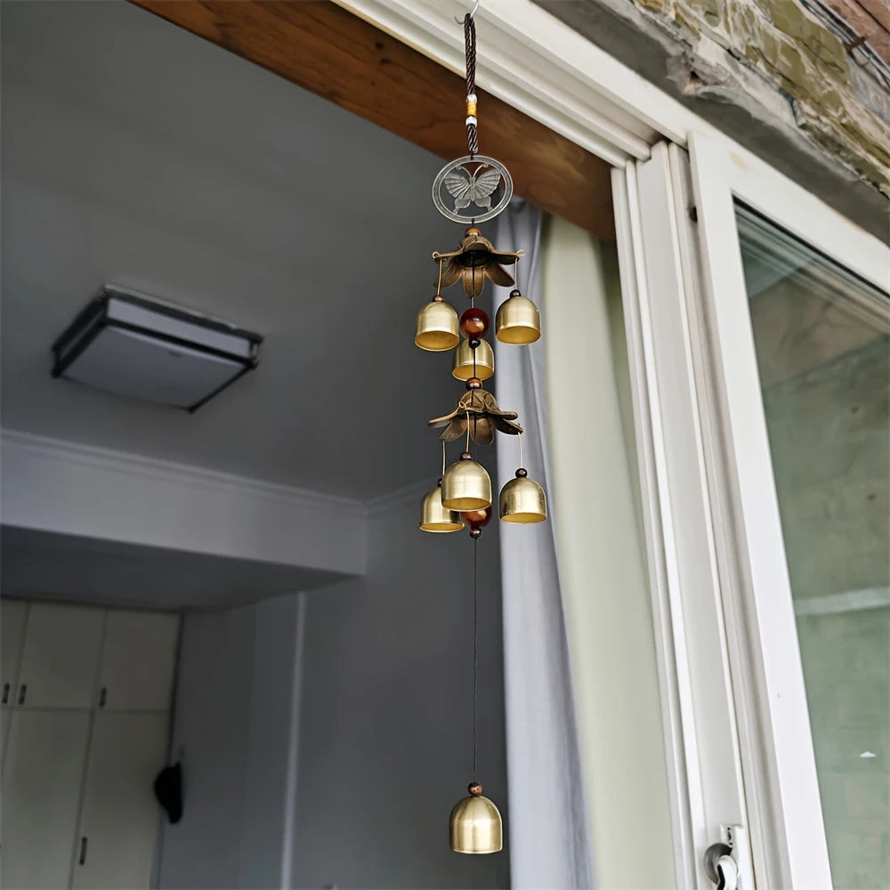 Double Metal Bell Pendant Wind Chime Brass Colour Hanging Decor for Home Patio Garden Wall