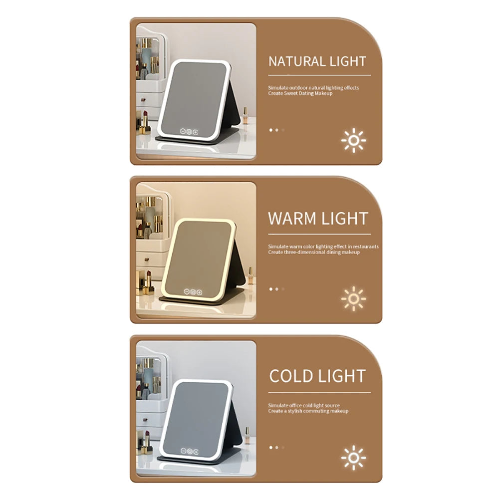 LED Makeup Mirror 3-Colour Dimmable Touch Screen Foldable Rechargeable Tabletop Travel Home