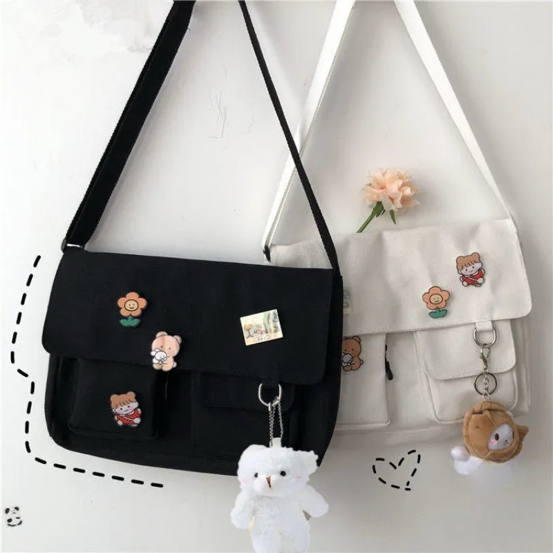 Cute Canvas Shoulder Bag for Women – Harajuku Crossbody Messenger Pouch, Casual Small Bag for Girls
