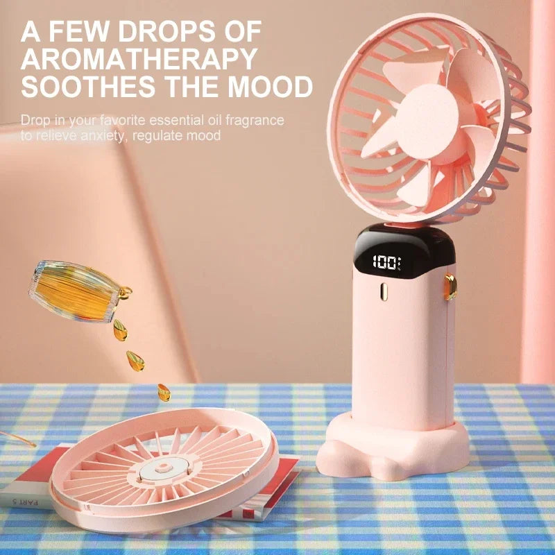 Handheld Mini Fan Foldable Portable Neck Hanging USB Rechargeable 5 Speed Fan with Stand