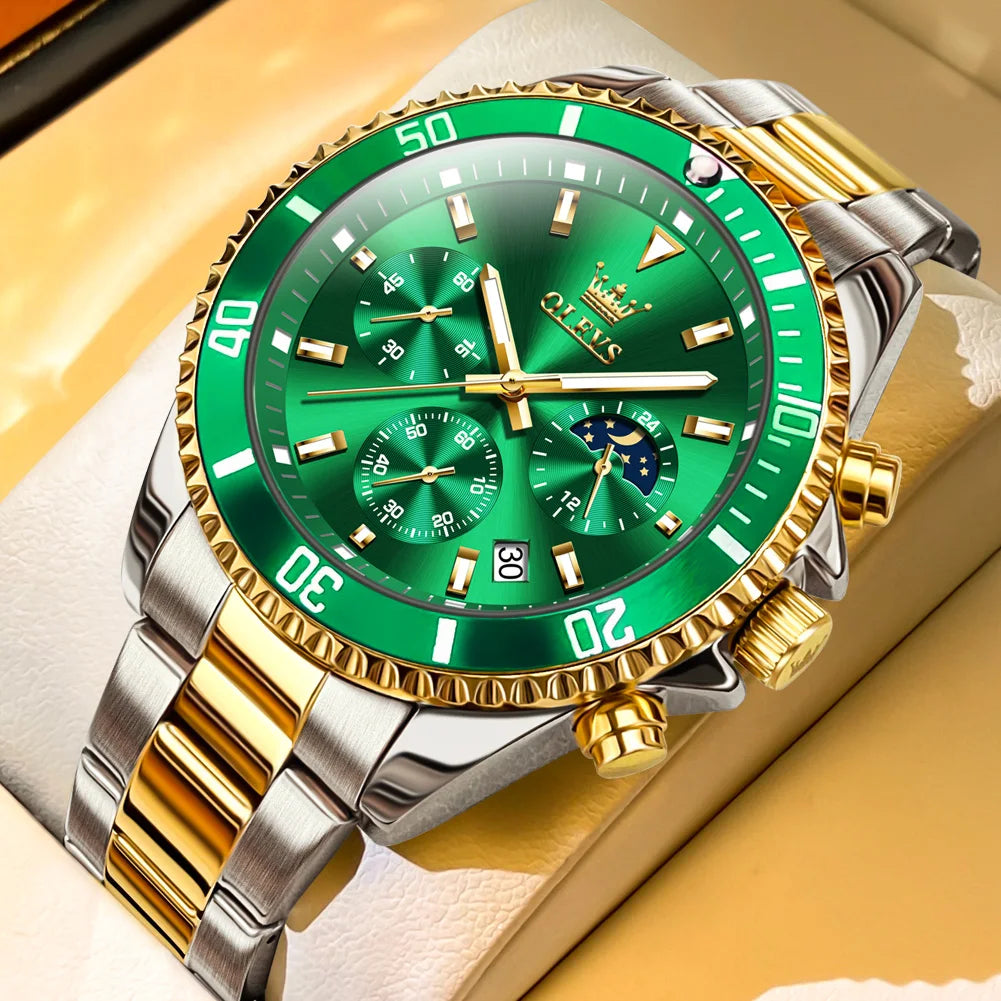 OLEVS 2870 LUXURY GOLDEN WATCH FOR MEN BUSINESS FASHION WATERPROOF QUARTZ MOON PHASE TIMEPIECE