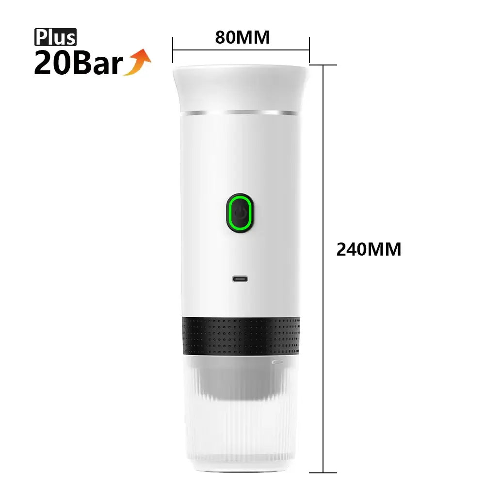 Portable espresso coffee machine dimensions, 20Bar pressure, compact design for travel and home use.