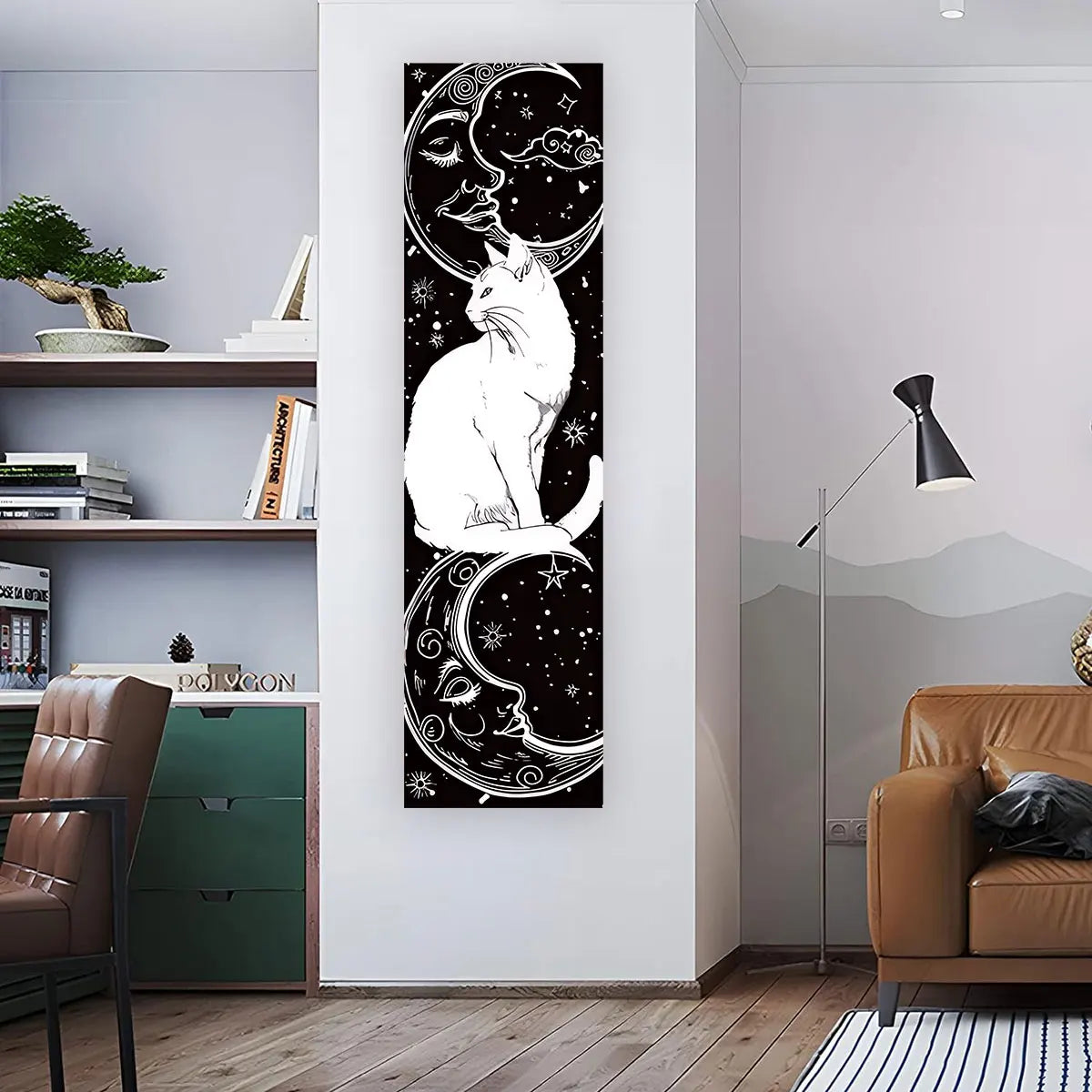 WHIMSY CAT Black & White Cat Vertical Tapestry Sun Moon Long Wall Hanging Starry Sky Decor
