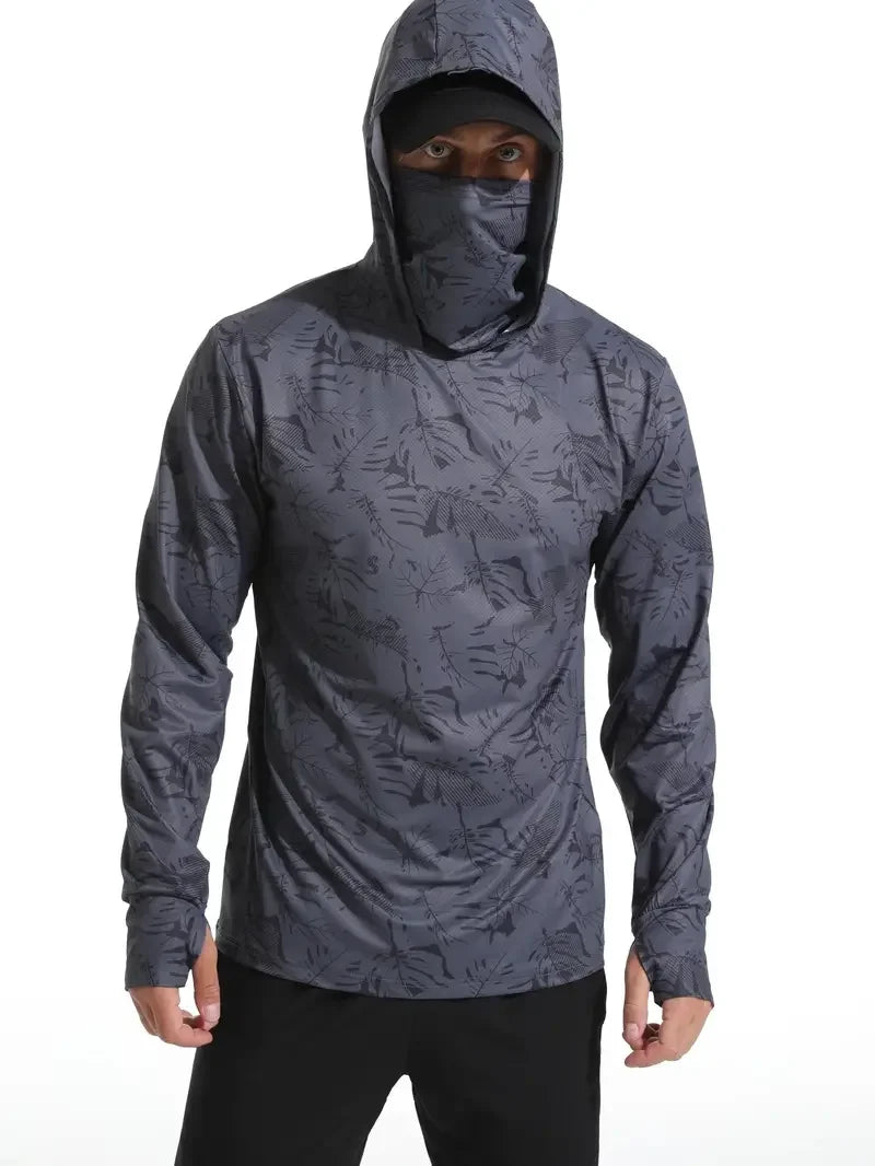 Men Hooded Fishing Shirt Outdoor Summer Mask Hoodie UV Sun Protection Quick-Dry Performance Jersey