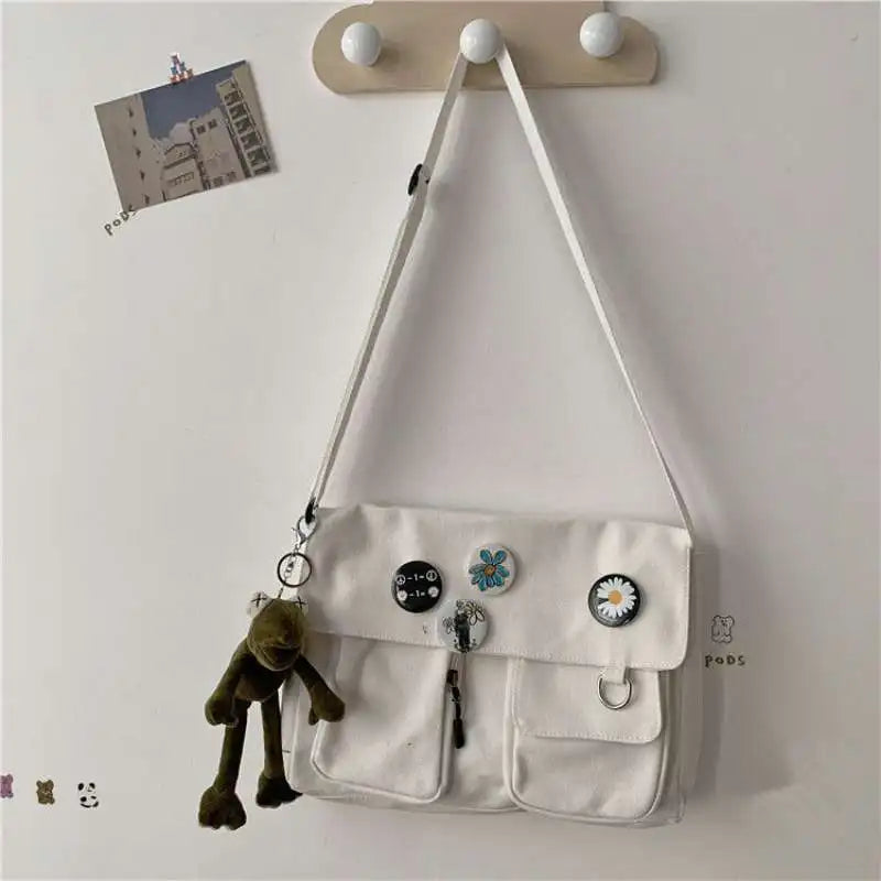 Cute Canvas Shoulder Bag for Women – Harajuku Crossbody Messenger Pouch, Casual Small Bag for Girls