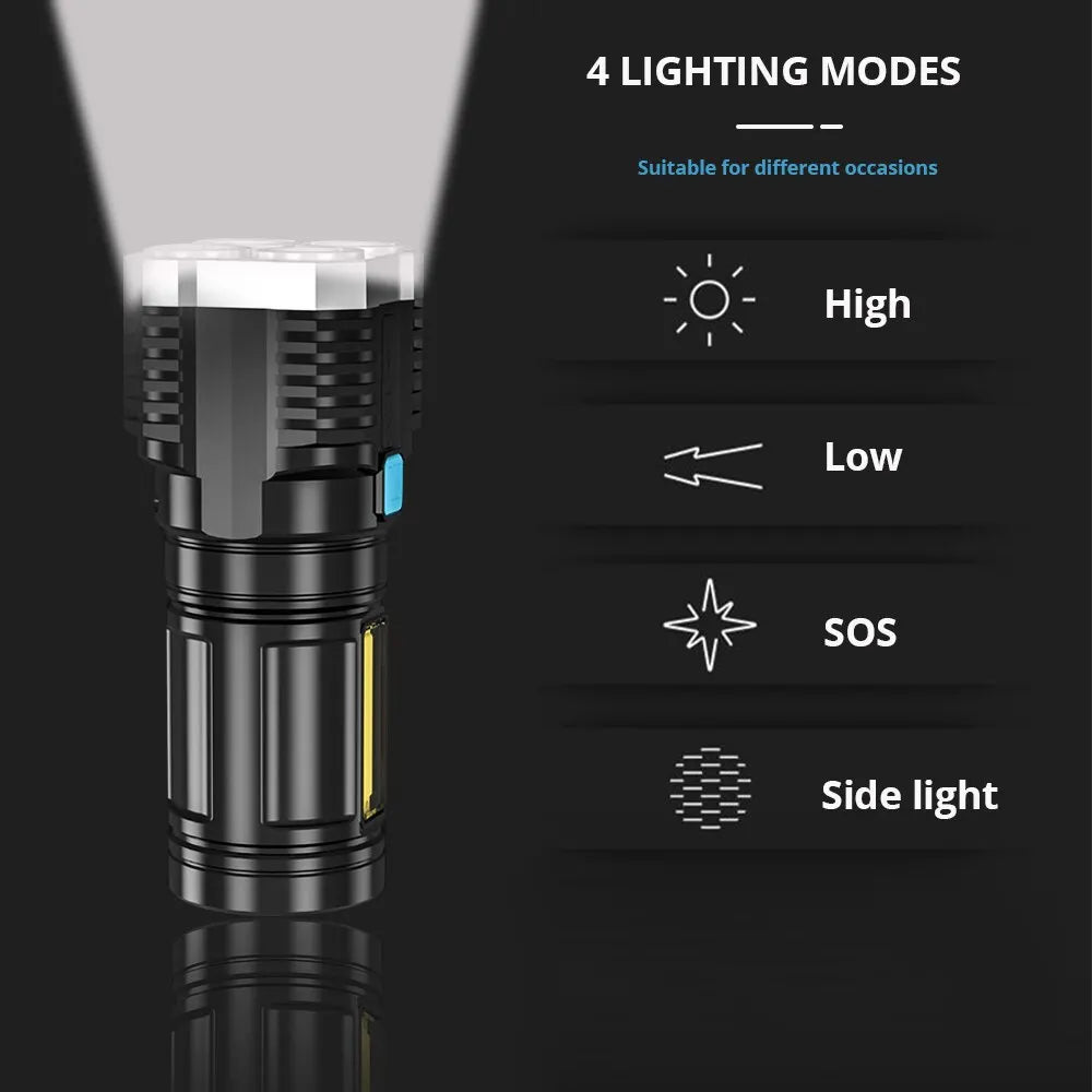 High Power LED Flashlight Camping Torch with 4 Lamp Beads COB Side Light Rechargeable