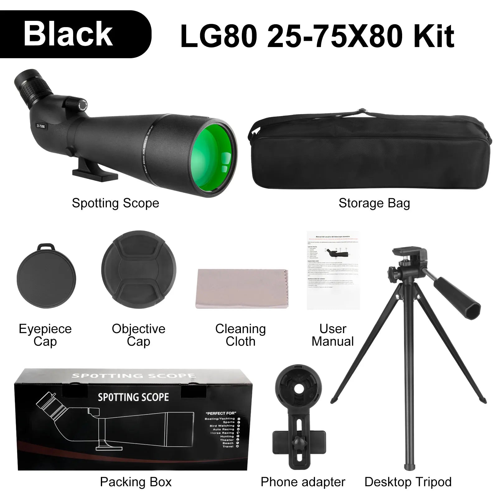 25–75x80 Waterproof Spotting Scope with Tripod & Phone Adapter for Bird Watching Wildlife Shooting