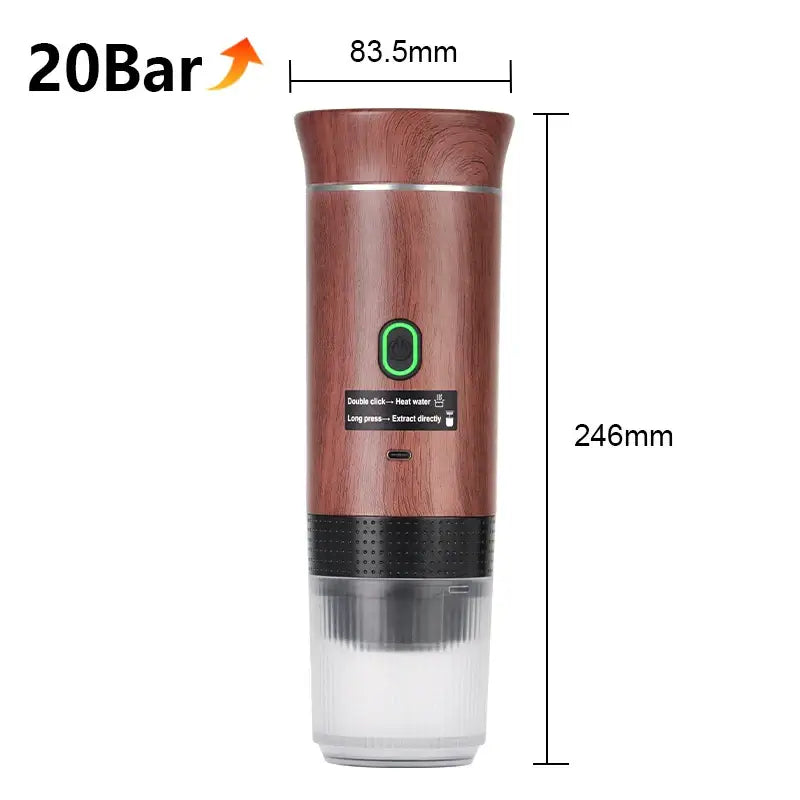 Portable espresso coffee machine with wood finish, 20 bar pressure, compact design for travel and home use.