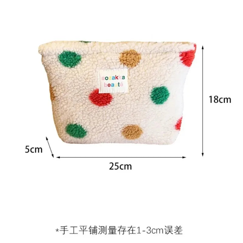 Striped Dot Plush Clutch Cosmetic Bag – Large Capacity Travel Makeup & Toiletries Pouch