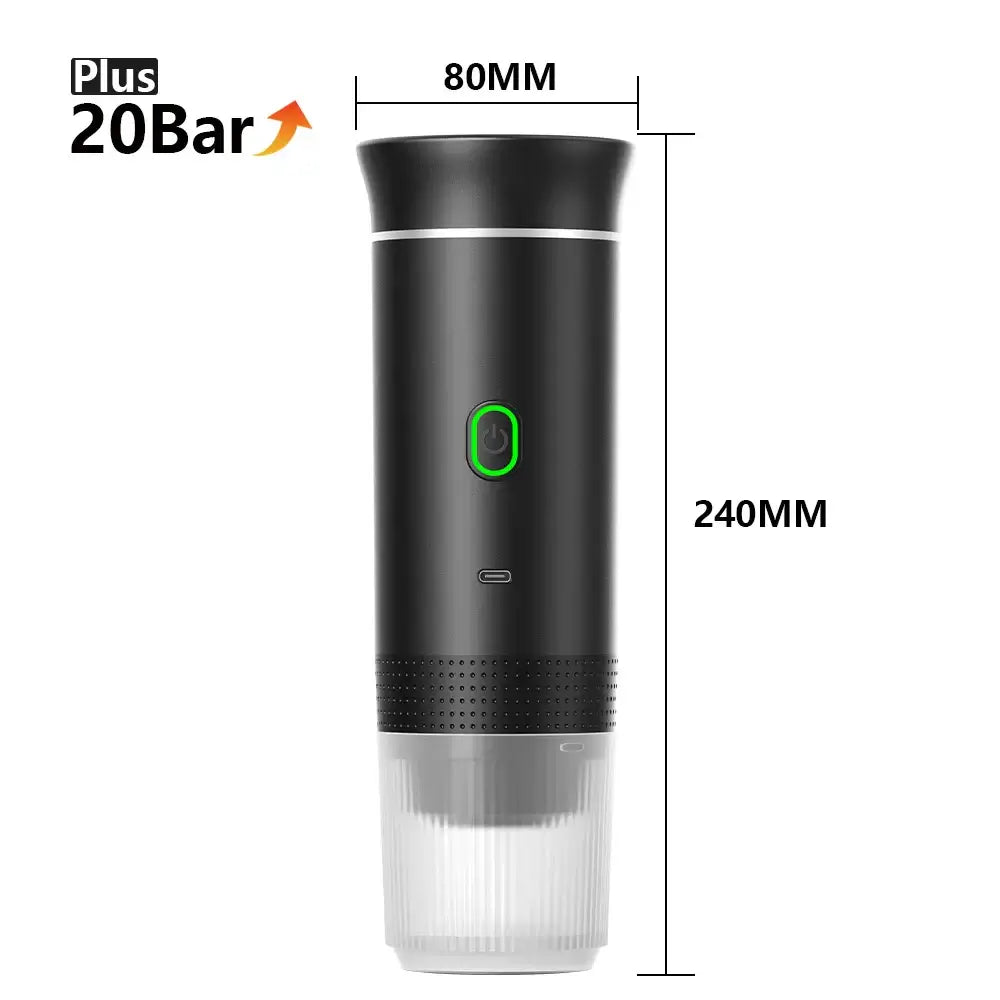 Portable espresso coffee machine dimensions, 240MM height, 80MM width, 20Bar pressure for rich coffee.
