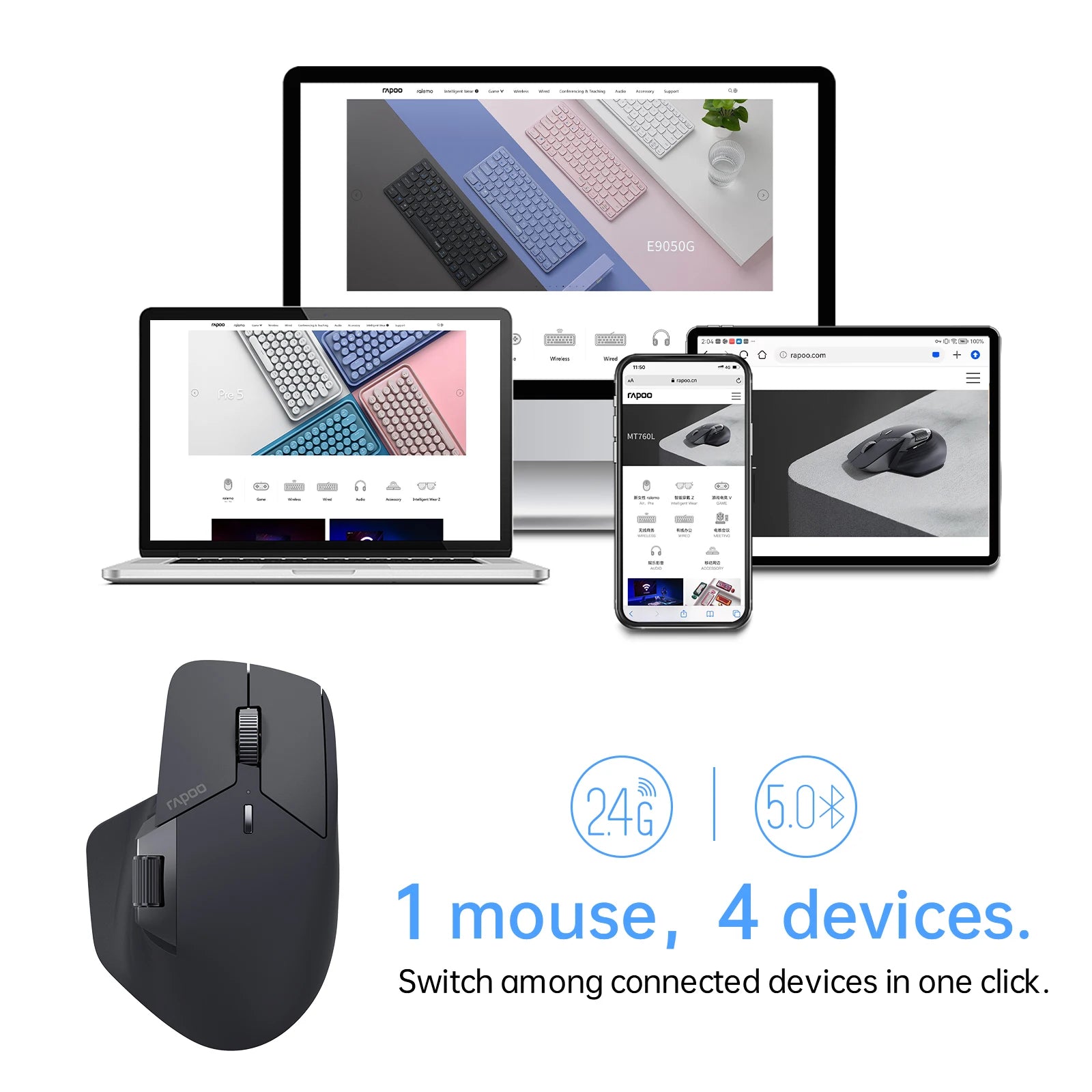 RAPOO MT760L Multi-Device Wireless Mouse Bluetooth Ergonomic 4000DPI Rechargeable Laser Mouse