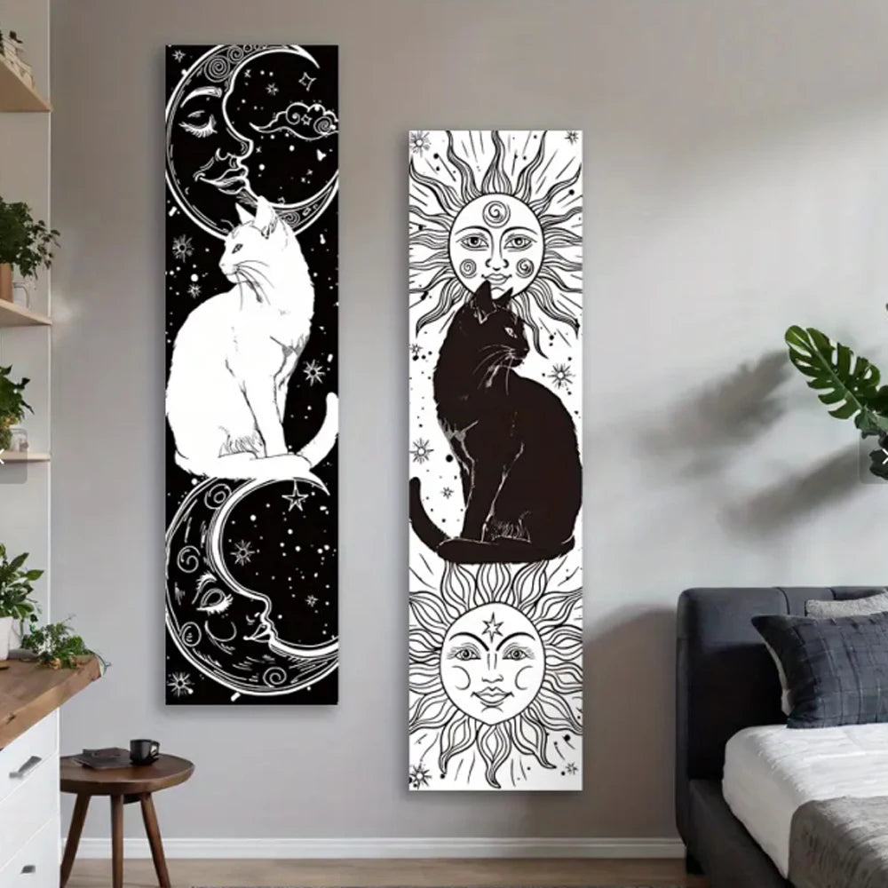 WHIMSY CAT Black & White Cat Vertical Tapestry Sun Moon Long Wall Hanging Starry Sky Decor