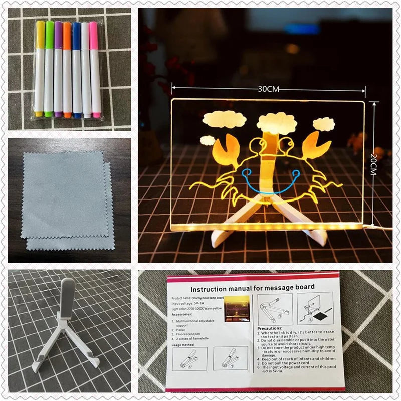 Magic LED glow drawing board for kids with acrylic memo pad, 7 colour markers pens and stand