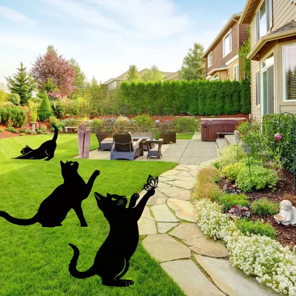 Exclusive Cute Cat Garden Silhouette – Tiki-Inspired Cat Family Garden Stakes Outdoor Decor Statues