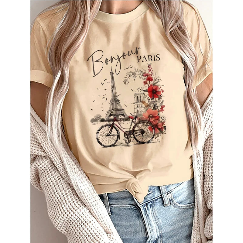 Women’s Bonjour Paris Graphic T Shirt Casual Short Sleeve Floral Print Summer Fashion Top Tee