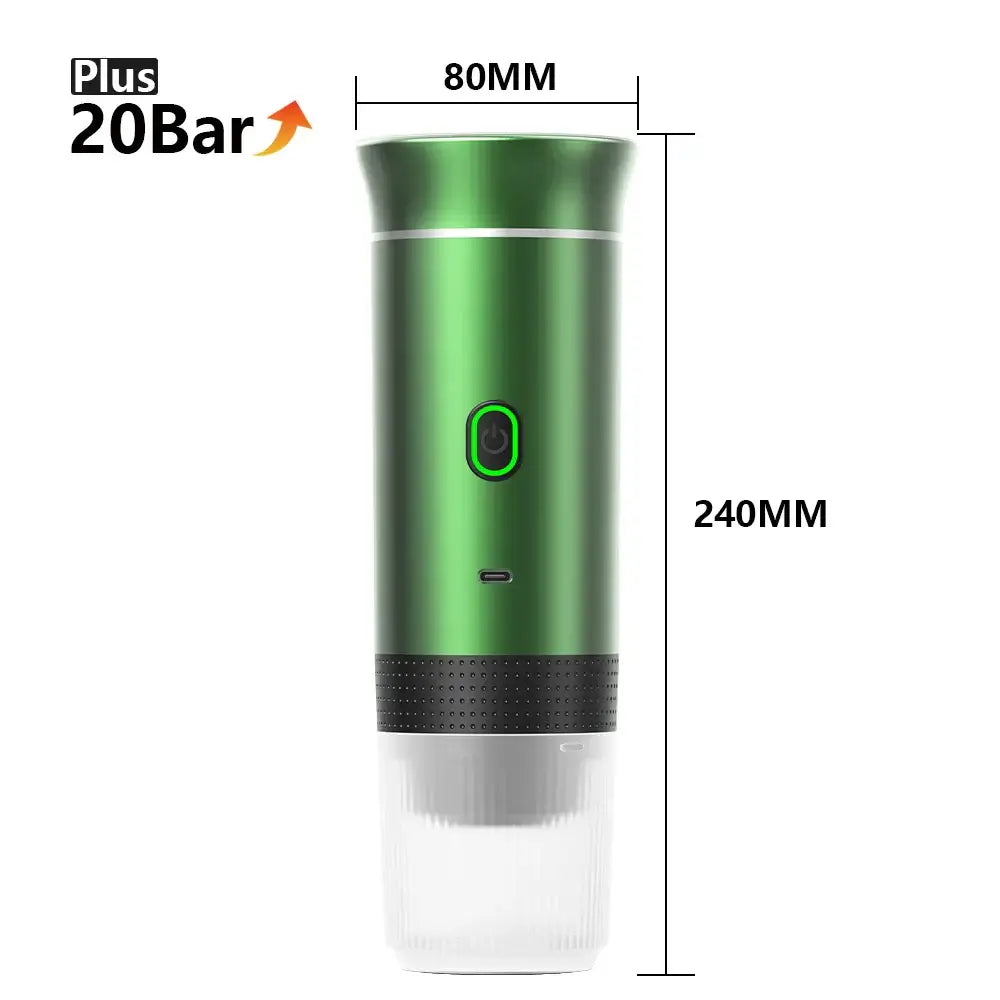Portable espresso coffee machine green design with 20 bar pressure, ideal for home and travel use.