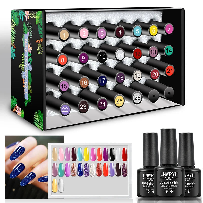 26 Colour GEL NAIL POLISH KIT Semi Permanent UV LED Gel Varnish Set with Base and Top Coat