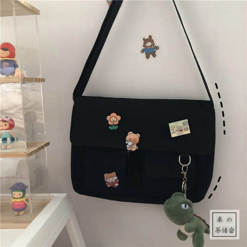 Cute Canvas Shoulder Bag for Women – Harajuku Crossbody Messenger Pouch, Casual Small Bag for Girls