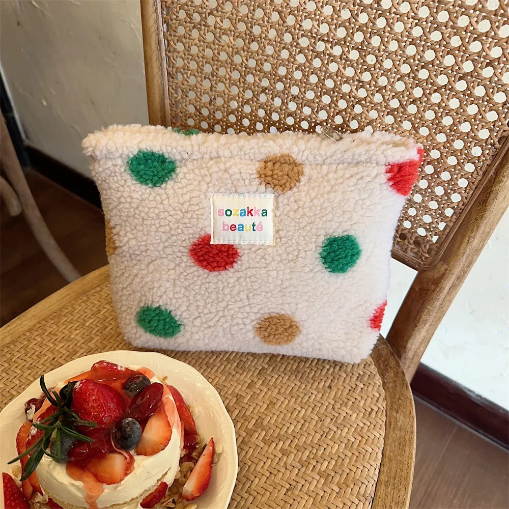Striped Dot Plush Clutch Cosmetic Bag – Large Capacity Travel Makeup & Toiletries Pouch