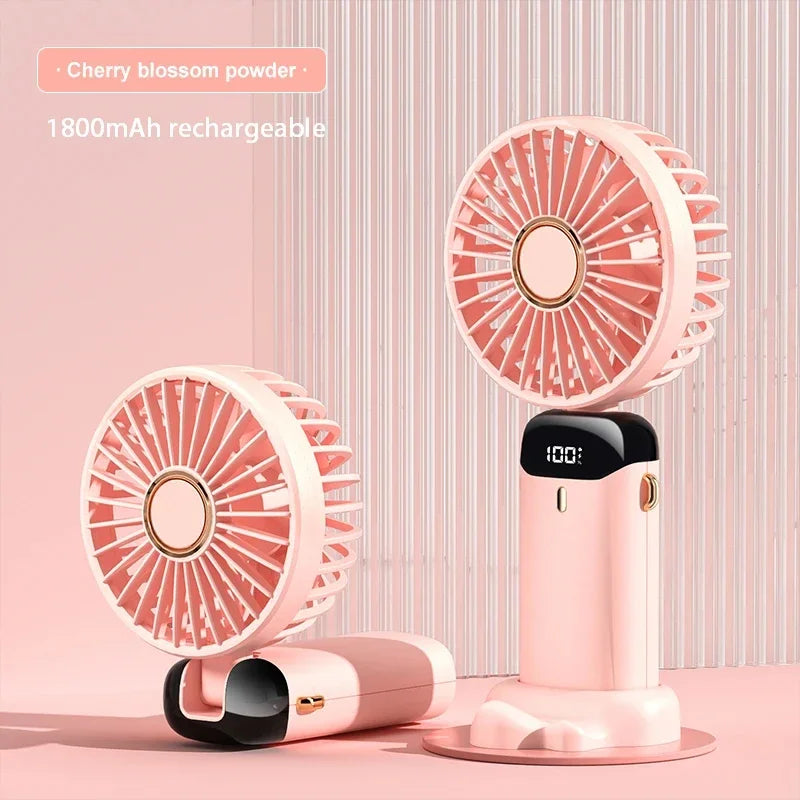 Handheld Mini Fan Foldable Portable Neck Hanging USB Rechargeable 5 Speed Fan with Stand