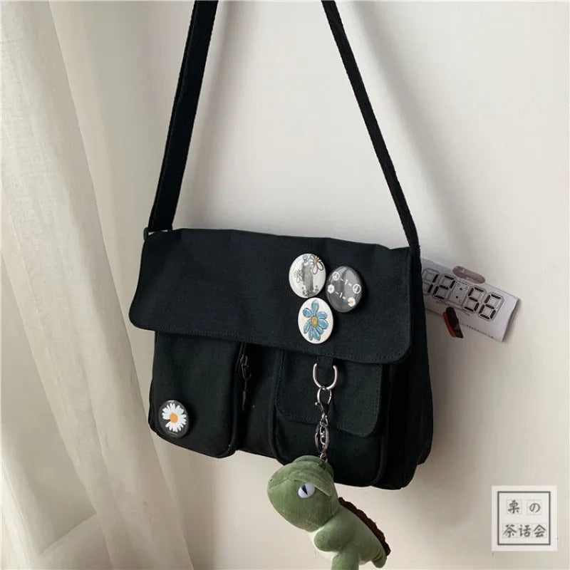 Cute Canvas Shoulder Bag for Women – Harajuku Crossbody Messenger Pouch, Casual Small Bag for Girls