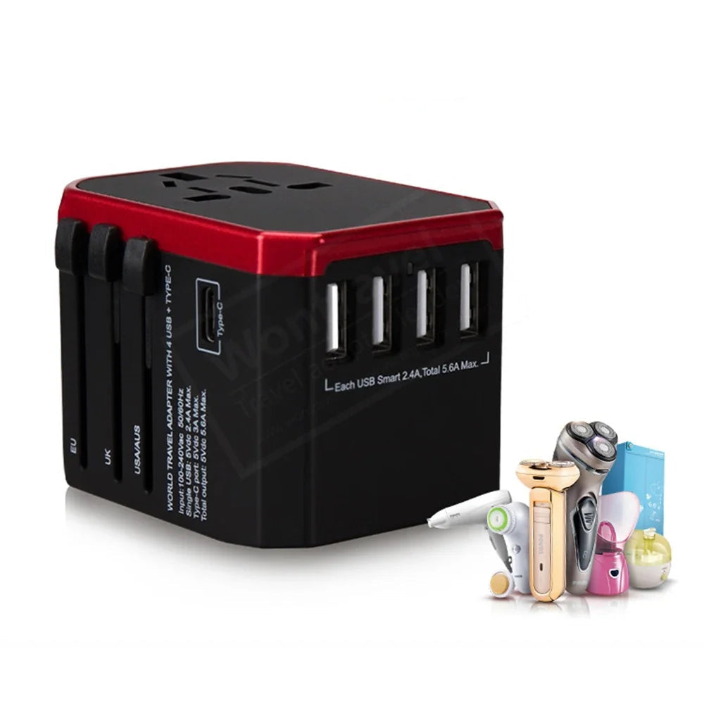 MELERY Universal Travel Adapter with USB Type-C Fast Charger for US EU UK AU Plugs – 5 Ports