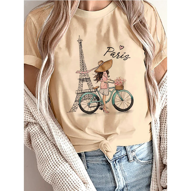 Women’s Bonjour Paris Graphic T Shirt Casual Short Sleeve Floral Print Summer Fashion Top Tee