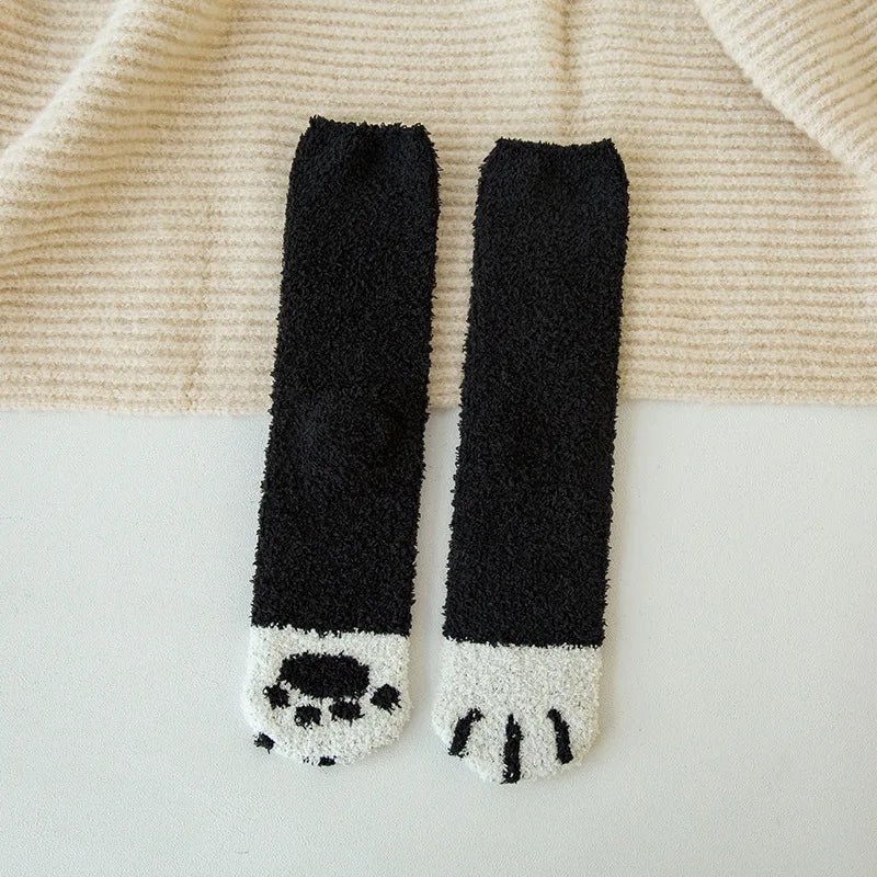 Autumn Winter Coral Velvet Cat Claw Socks – Warm Middle Tube Sleep & Floor Socks for Women Girls